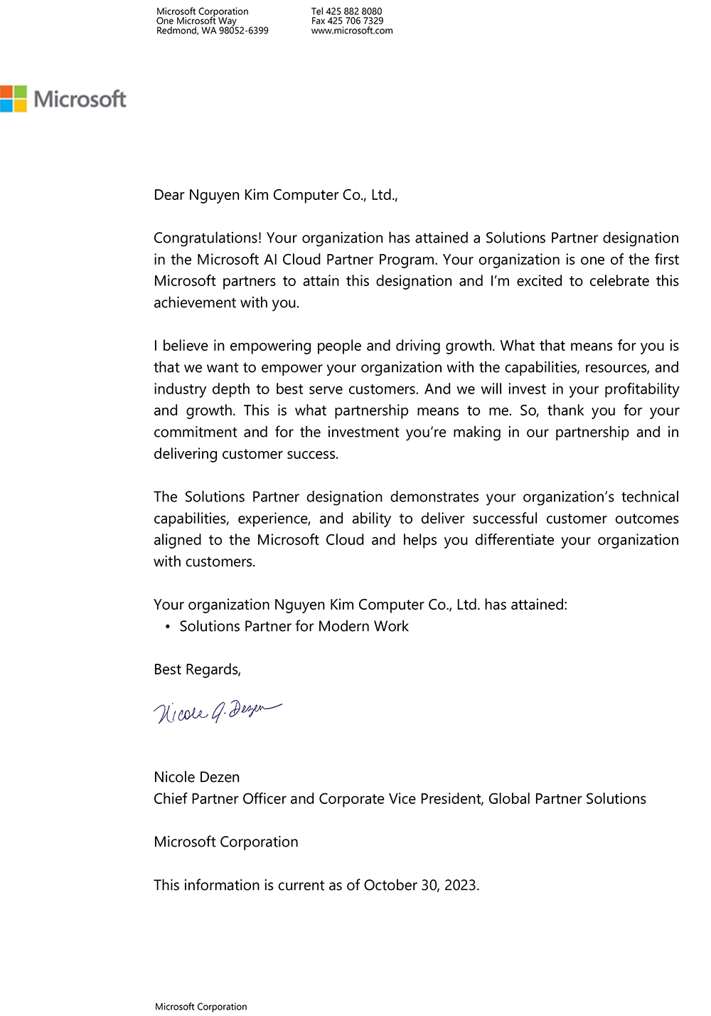 Vi tính Nguyên Kim được Microsoft chứng nhận "Solutions Partner for Modern Work"  (Đối tác giải pháp cho công việc hiện đại)