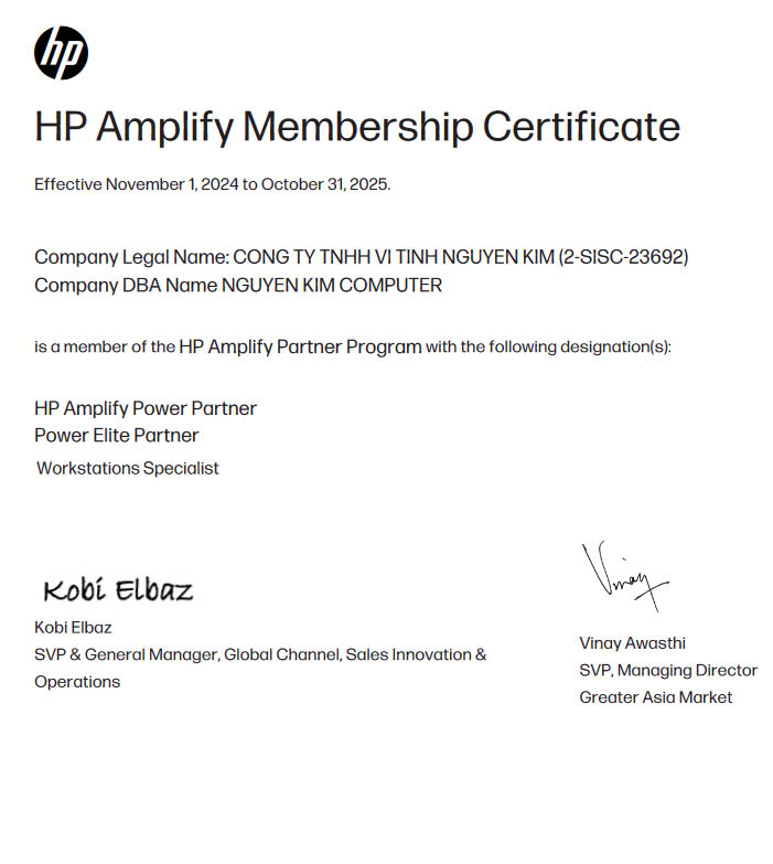 2024 hp amplify membership certificate Vi tính Nguyên Kim