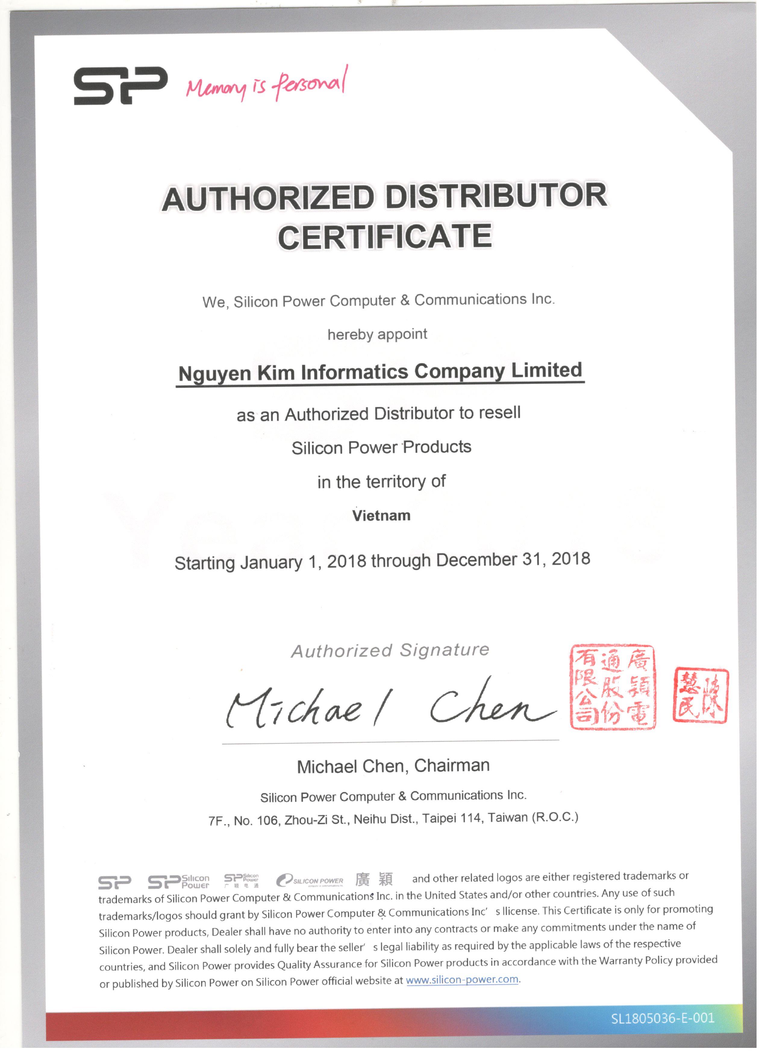 Chứng nhận Silicon Power Authorized Distributor Certificate 2018