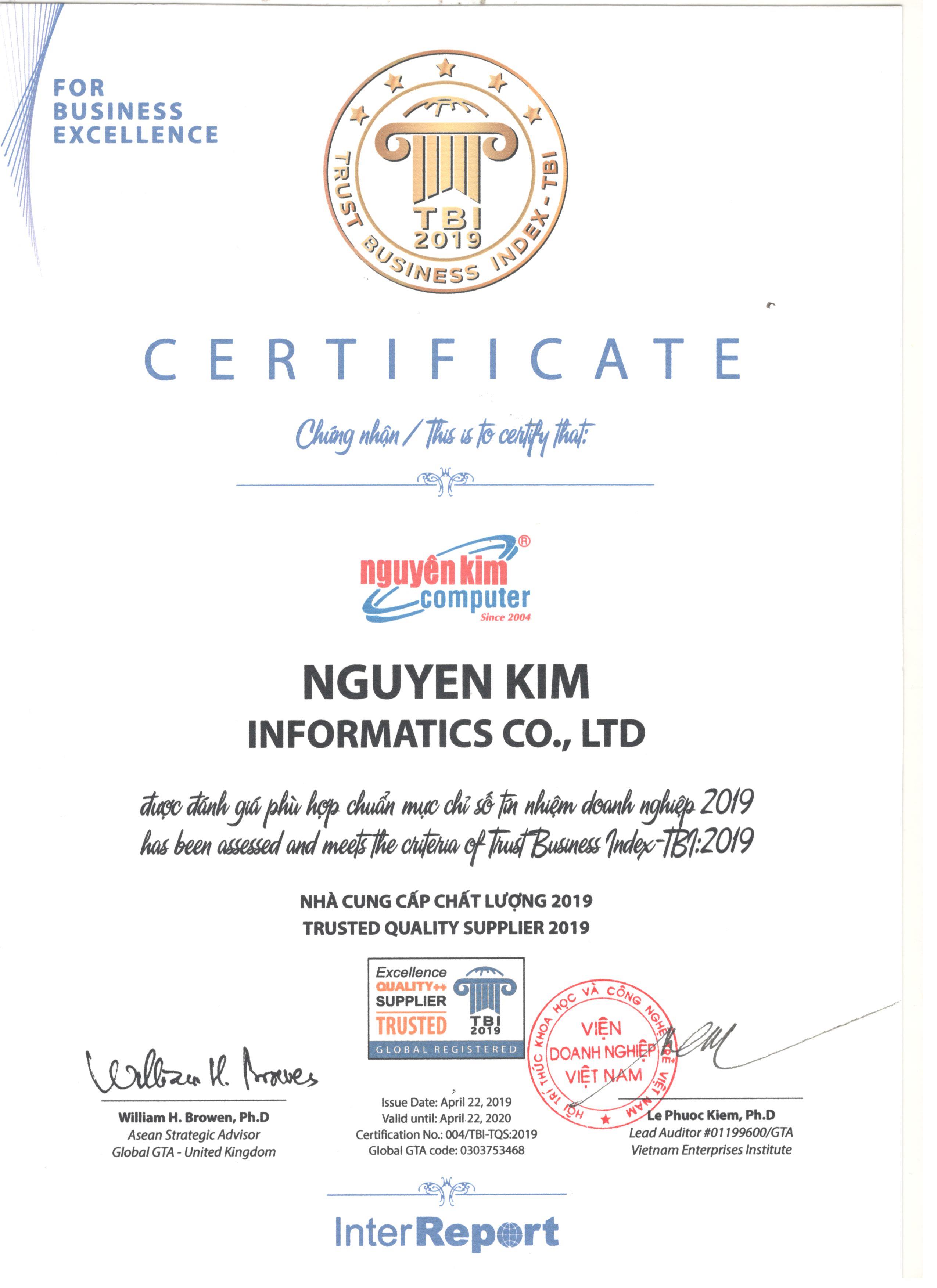 Chứng nhận Certificate Trusted Quality Supplier 2019