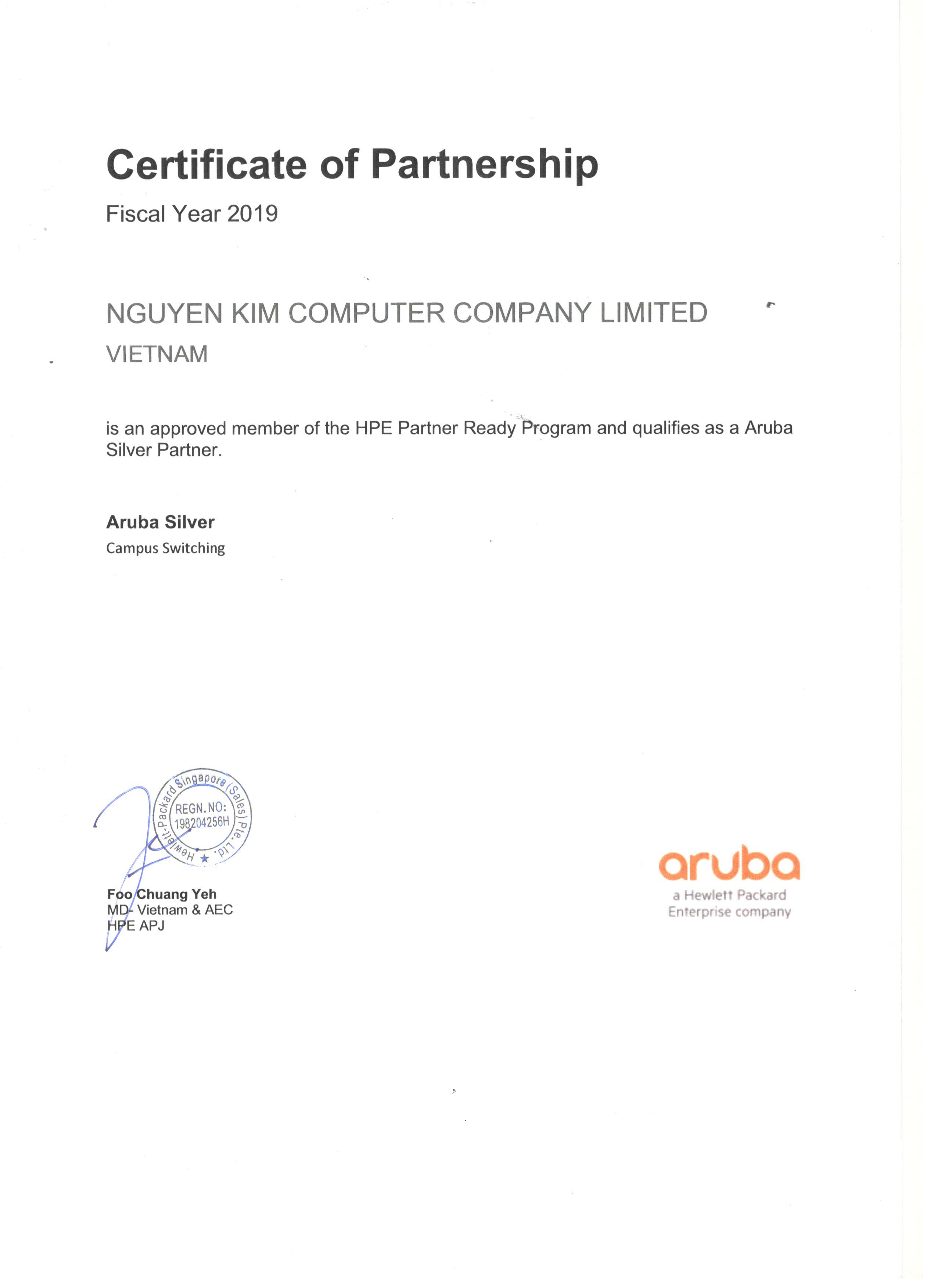 Chứng nhận HPE certificate of partnership-fiscal year 2019-Aruba silver partner
