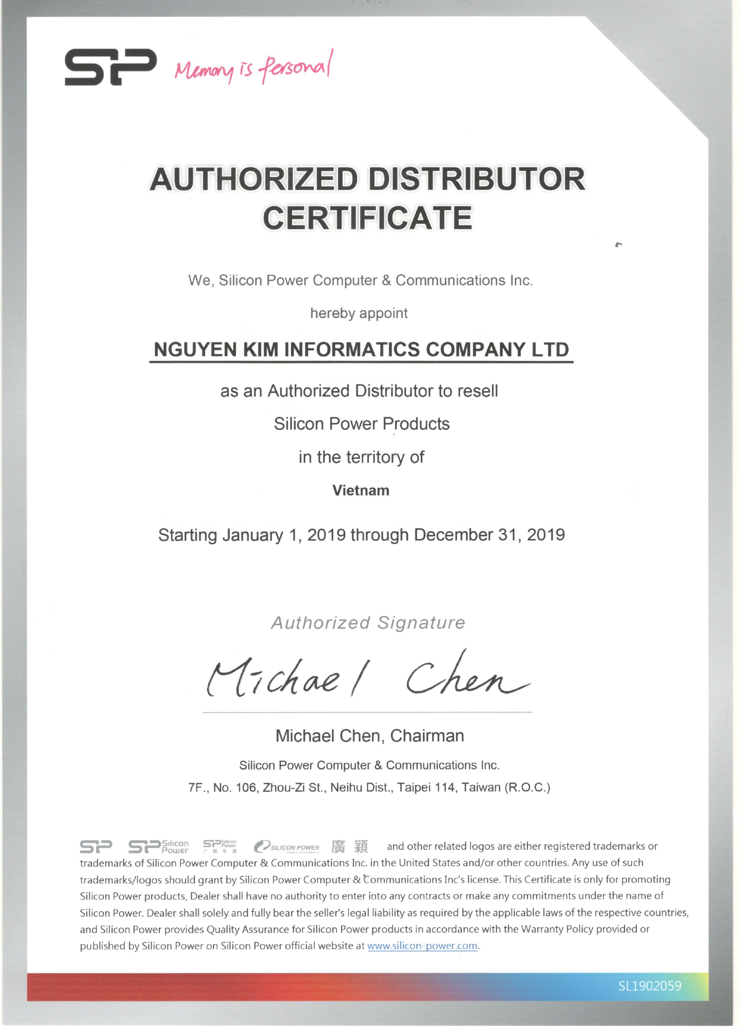 Chứng nhận Authorized Distributor Certificate 2019 - Silicon Power