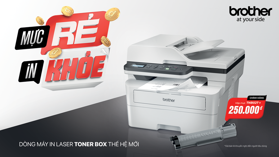 Dòng máy in Laser Toner Box thế hệ mới - Mực rẻ - In khỏe. Hộp mực chính hãng chỉ với 250.000 VND có thể in đến 2.600 trang.