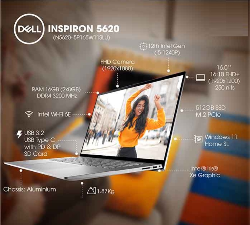 Dell Inspiron 16 5620 Laptop - 16.0-inch 16:10 FHD+ (1920 x 1200) Display,  Intel Core i5-1235U, 8GB Memory, 512GB SSD, Intel UHD Graphics, Intel Wi-Fi